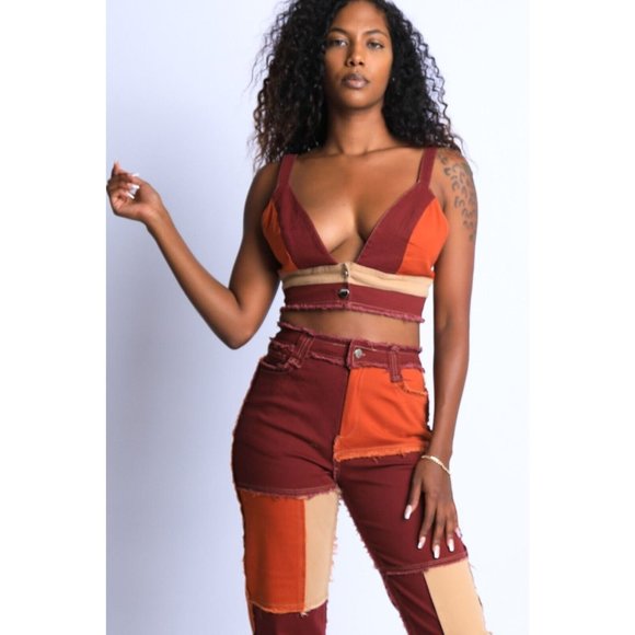 Women's Patching Feelings Crop Top Sexy Party Club Crop Top Patch Work Top - Picture 3 of 9